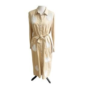 Zara Shirt Maxi Linen Dress In Sand Beaded Leaf Palm Design Belted Size XL